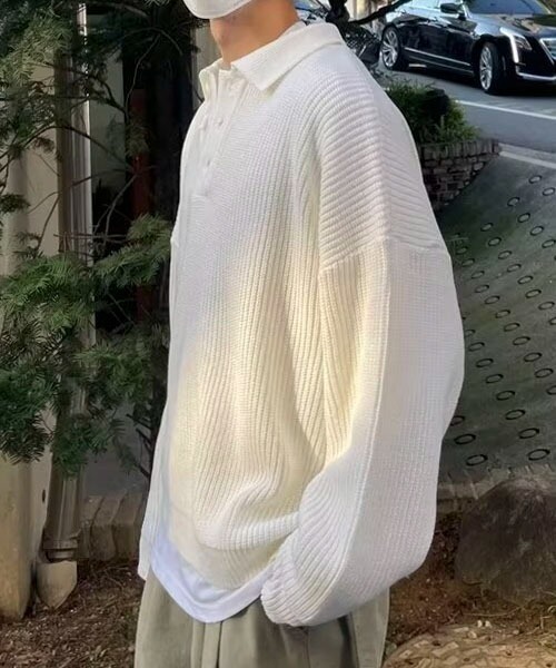 STONE コットンニット セーター ポロ襟 メンズ S アイボリー link lot セーター ニット 「25年秋冬新作」オーバーサイズポロ襟畔