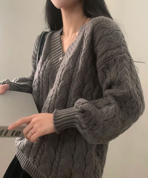 ニット セーター ケーブル ケーブル編み Vネックニット レディース