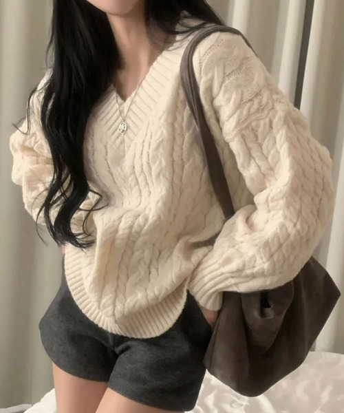ニット セーター ケーブル編み Vネックニット レディース : ZOZOTOWN