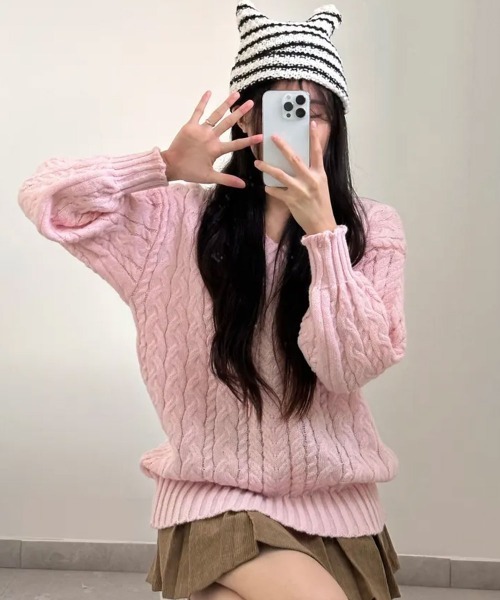 ニット セーター ケーブル編み Vネックニット レディース : ZOZOTOWN