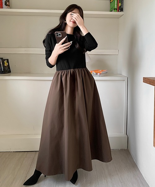 rika　Rワンピ ブラック×ブラウン reca（レカ） ワンピース ミラノリブ配色ニットロングワンピース