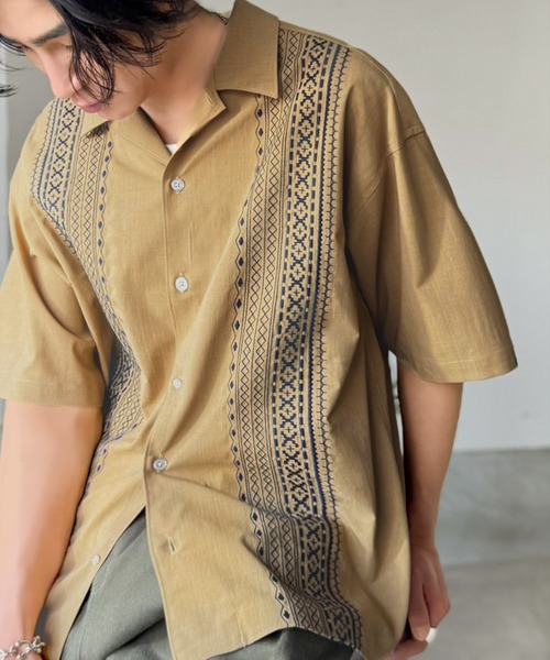R*様 キューバシャツ ブラウン 刺繍 半袖　サイズM相当 Java シャツ 半袖 「JaVaジャバコラボ」周りと差がつく総刺繍