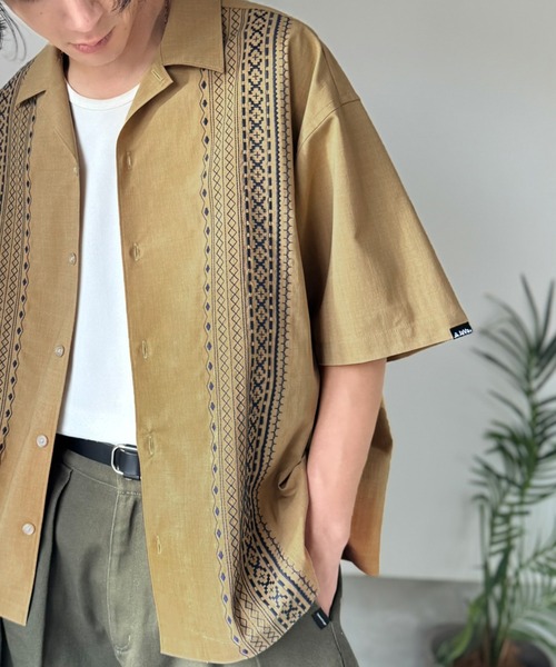 古着 キューバシャツ 刺繍 半袖 メンズXL ベージュ ナチュラルカラー Java シャツ 半袖 「JaVaジャバコラボ」周りと差がつく総刺繍