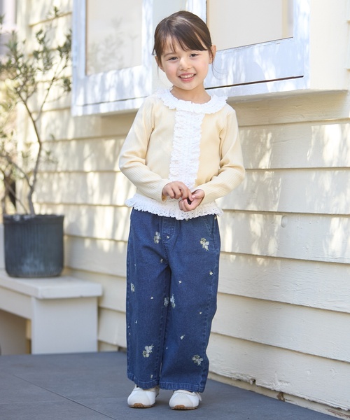petit main ワイドパンツ パンツ 花刺しゅうデニムパンツ キッズ 子供 