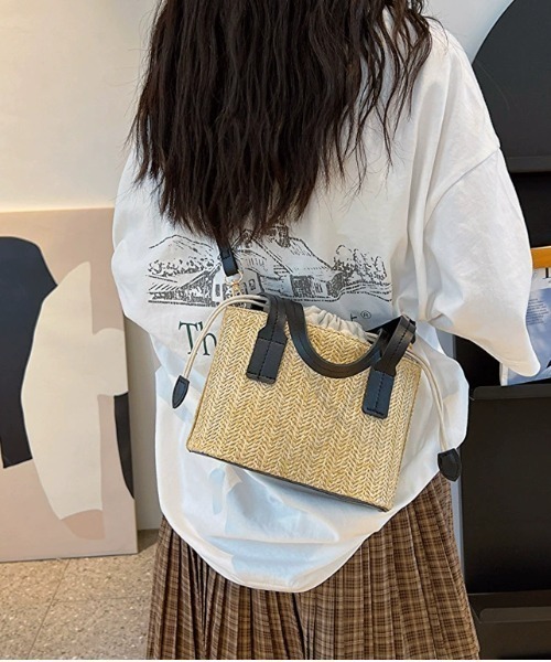 ♡アモング♡カゴバッグ ♡ハンドル付き かごバッグ カゴバッグ スクエアフォルム レザーハンドル 巾着付きカゴ