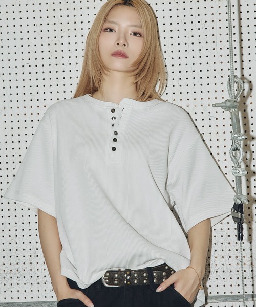 tシャツ シルバーボタンヘンリーネックサーマルワッフル半袖Tシャツ