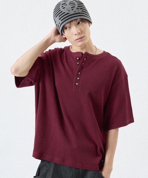 ヘンリーネック tシャツ シルバーボタンヘンリーネックサーマル
