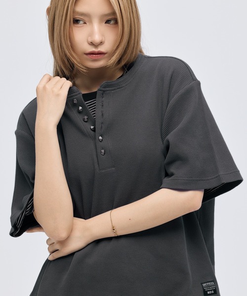 tシャツ シルバーボタンヘンリーネックサーマルワッフル半袖Tシャツ