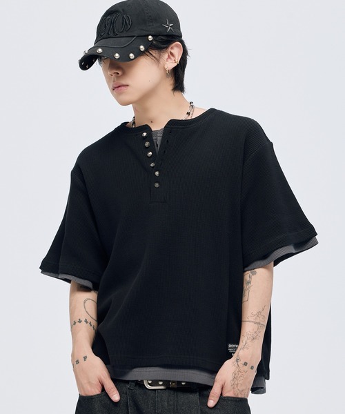 tシャツ シルバーボタンヘンリーネックサーマルワッフル半袖Tシャツ