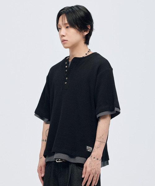 tシャツ シルバーボタンヘンリーネックサーマルワッフル半袖Tシャツ