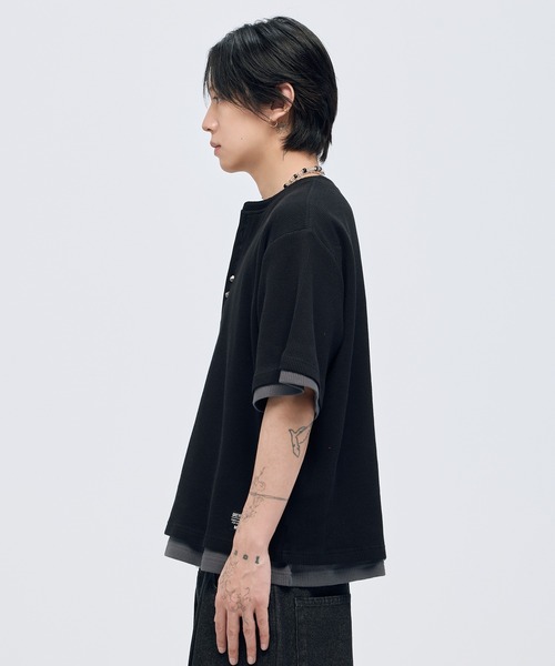 tシャツ シルバーボタンヘンリーネックサーマルワッフル半袖Tシャツ