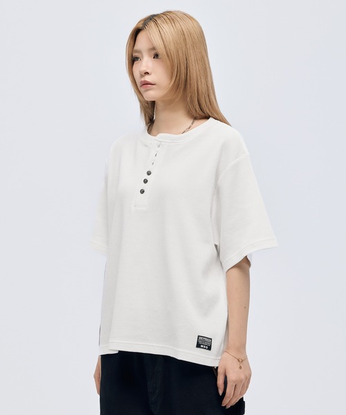 tシャツ シルバーボタンヘンリーネックサーマルワッフル半袖Tシャツ