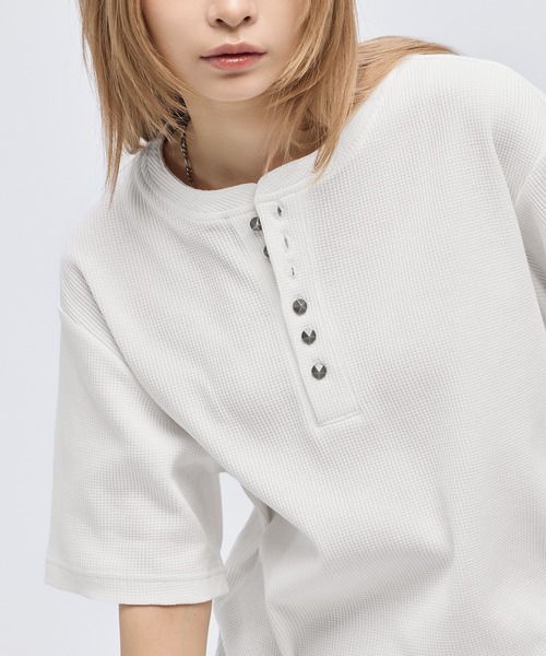 ヘンリーネック tシャツ シルバーボタンヘンリーネックサーマル