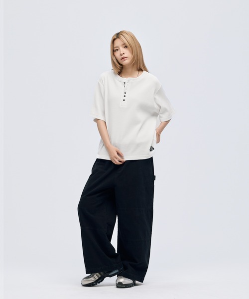 tシャツ シルバーボタンヘンリーネックサーマルワッフル半袖Tシャツ