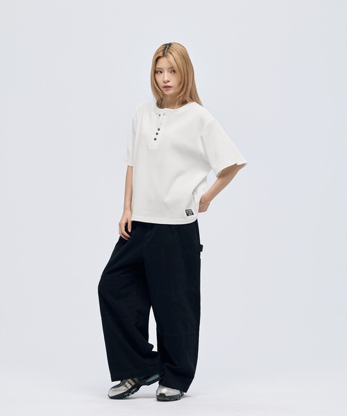 tシャツ シルバーボタンヘンリーネックサーマルワッフル半袖Tシャツ