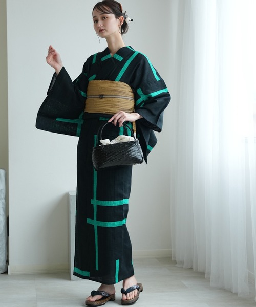 utatane 浴衣 浴衣3点セット 誉田屋源兵衛 破れ格子 黒緑 日本製浴衣