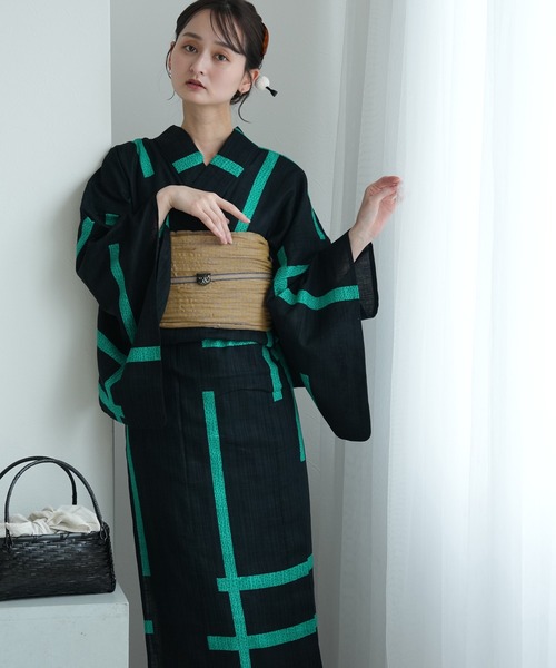 utatane 浴衣 浴衣3点セット 誉田屋源兵衛 破れ格子 黒緑 日本製浴衣