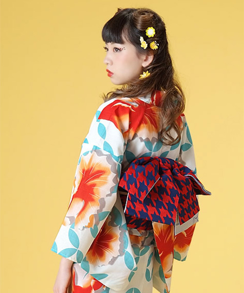 KIMONOMACHI レディース 浴衣帯 単品 半幅帯 千鳥 紺×赤 昭和レトロ