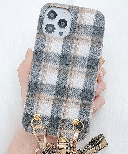 Lace Ladies スマホケース ストラップ＆リボンチャーム付 チェック柄