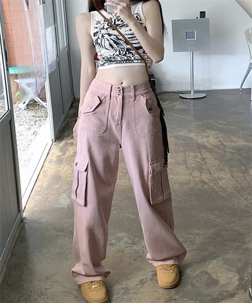 国内発送★VS PINK♥コットン ワイドレッグ カーゴパンツ ワイドレッグ仕様カーゴパンツ - ピンクベージュ | ZARA Japan