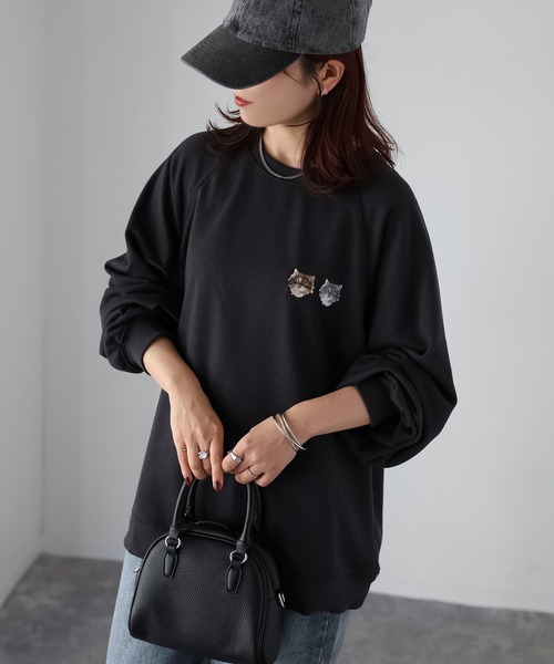 &ellecy 猫　花　刺繍　紫　スウェット　トレーナー　プルオーバー POWER TO THE PEOPLE】ネコ刺繍スウェットプルオーバー