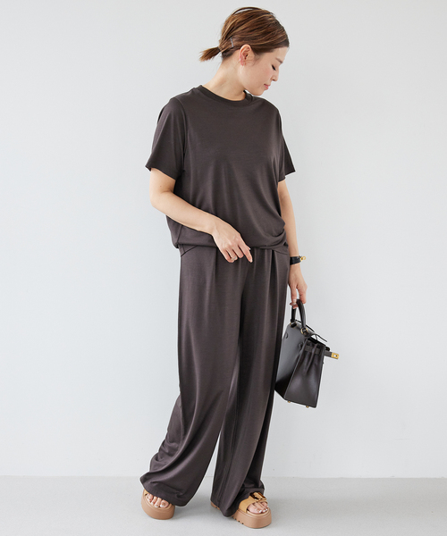 Deuxieme Classe ブラウン五分袖Tシャツ　ブラウン Deuxieme Classe tシャツ Tシャツ Prime wool jersey レディース