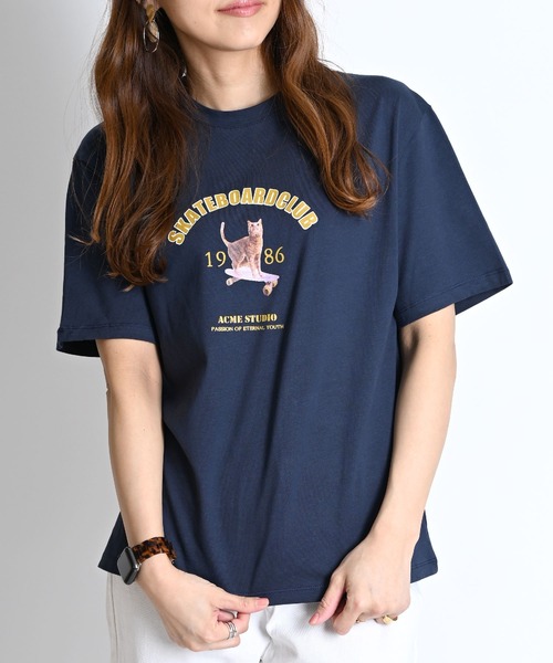 tシャツ キャットロゴプリントTシャツ レディース