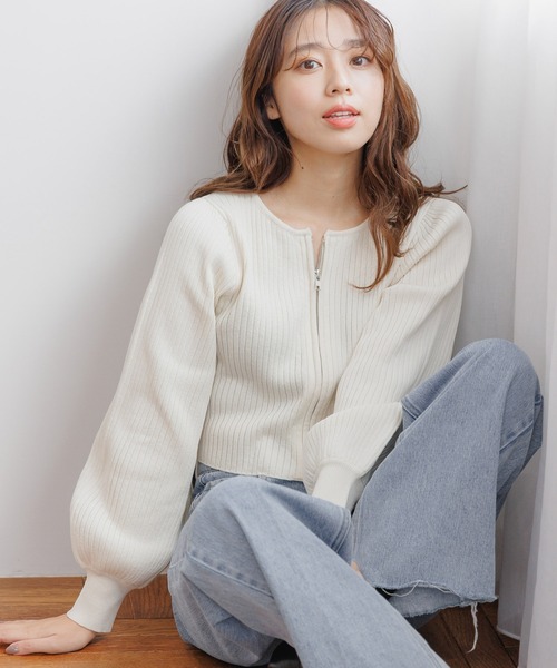 mysty woman カーディガン ZIPラメリブニットカーディガン