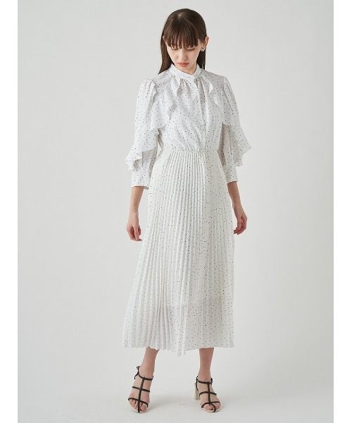 SNIDEL フリル袖 花柄 マキシワンピース ホワイト SNIDEL（スナイデル）の「レースフロントボタンフリルワンピース