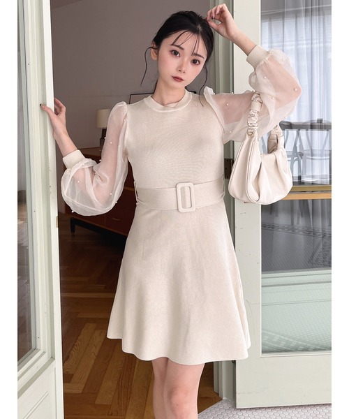 MIIA ワンピース パールスリーブ長袖ミニフレアワンピース : ZOZOTOWN