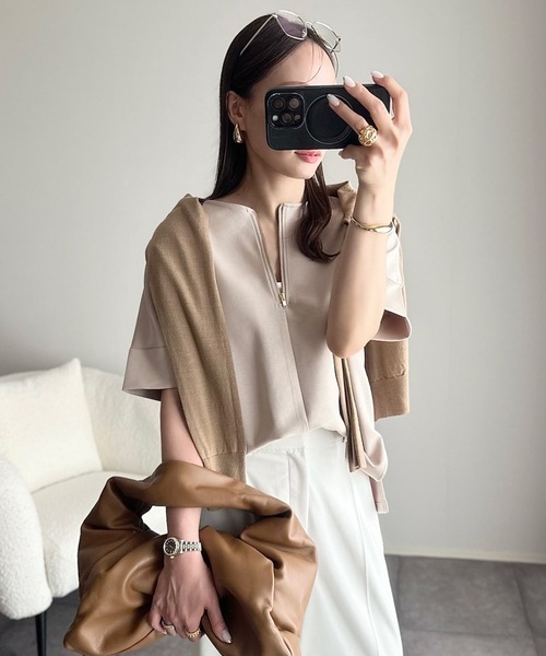 tシャツ ライトダンボールドルマンプルオーバー/春服 レディース Emma Taylor tシャツ ライトダンボールジップキーネックドルマン