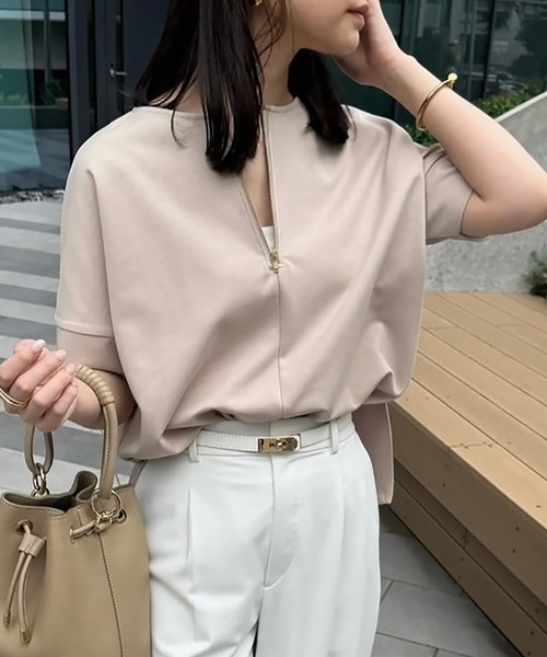 tシャツ キーネックオーバープルオーバー レディース Emma Taylor tシャツ ライトダンボールサイドスリットキーネック