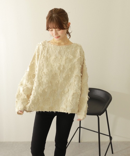 tシャツ fringe Jacquard pullover /フリンジ ジャガード ドルマンスリーブプルオーバー レディース