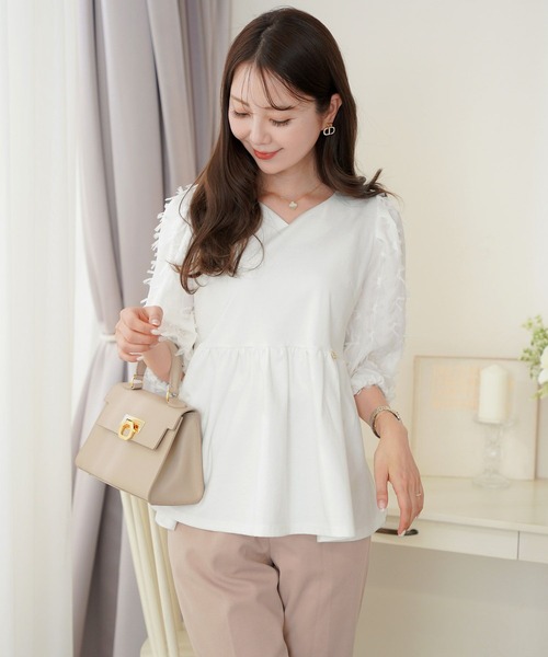 tシャツ リボンスリーブ 異素材 ペプラム ショーゼット カットソー le reve vaniller レディース