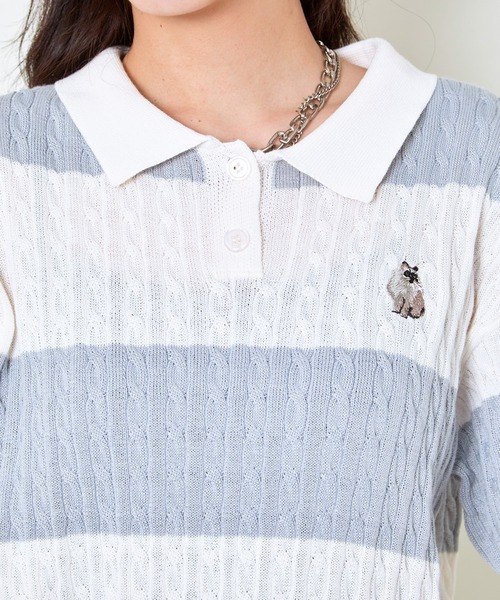 ニット セーター ネコ刺繍襟付きケーブルニット レディース 31 Sons de mode ニット セーター ネコ刺繍襟付きケーブルニット