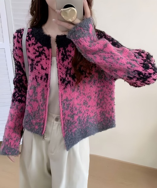 Diosfront カーディガン マーブル柄ジャガードニットカーディガン