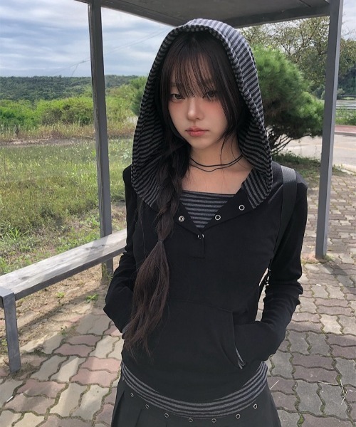 anyonemore パーカー ボーダー配色スナップフードボタンTシャツ