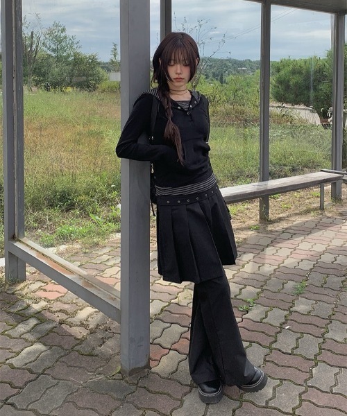 anyonemore パーカー ボーダー配色スナップフードボタンTシャツ