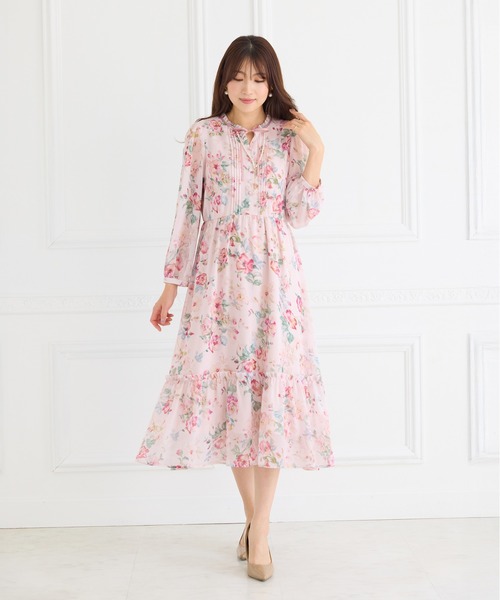 (大きいサイズ)ローズティアラ　ロングワンピース　花柄　リボンベルト　Aライン Rose Tiara（ローズティアラ） ワンピース シフォンプリントワンピース