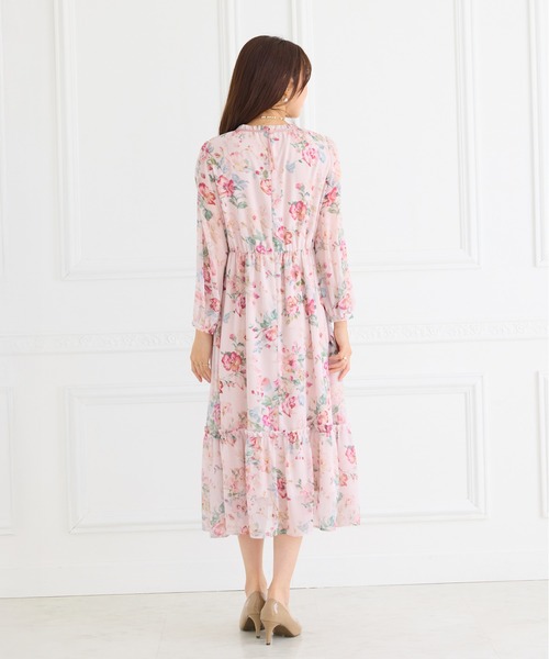 【Rose Tiara】花柄　シフォン　フリルワンピース　ネイビー　サイズ46 ローズティアラ 花柄シフォンブラウス 大きいサイズ46 フリル ネイビー