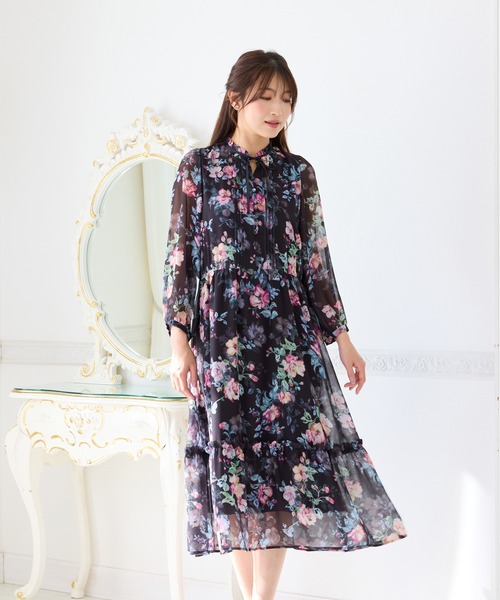 ローズティアラネイビー花柄シフォンロングワンピース46 Rose Tiara（ローズティアラ） ワンピース シフォンプリントワンピース