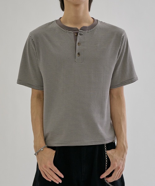 tシャツ Fine - border henly Tee / ファインボーダーヘンリーネックT