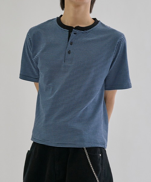 ヘンリーネック tシャツ Fine - border henly Tee / ファインボーダー