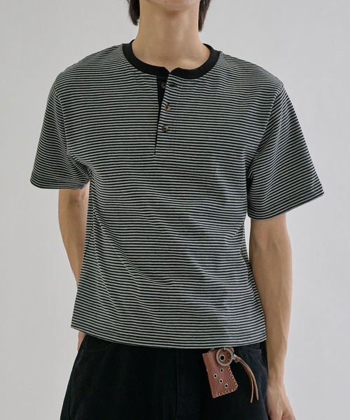 tシャツ Fine - border henly Tee / ファインボーダーヘンリーネックT