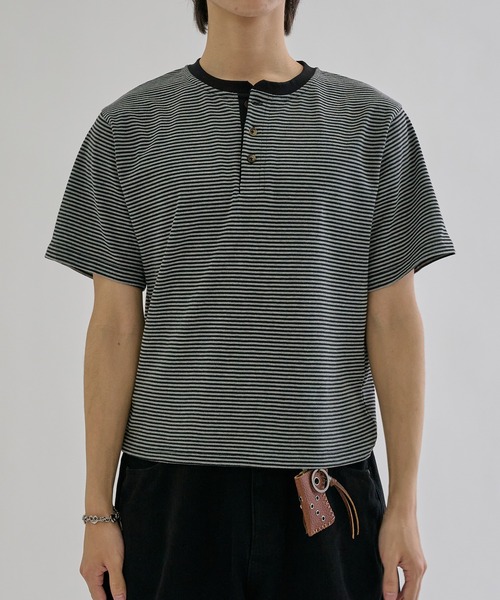 tシャツ Fine - border henly Tee / ファインボーダーヘンリーネックT