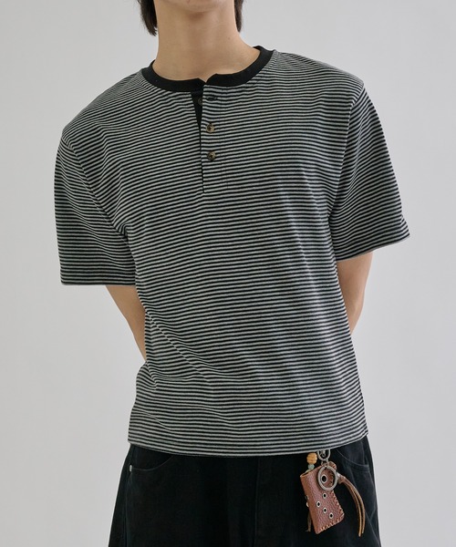 ヘンリーネック tシャツ Fine - border henly Tee / ファインボーダー