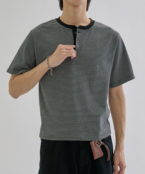 tシャツ Fine - border henly Tee / ファインボーダーヘンリーネックT