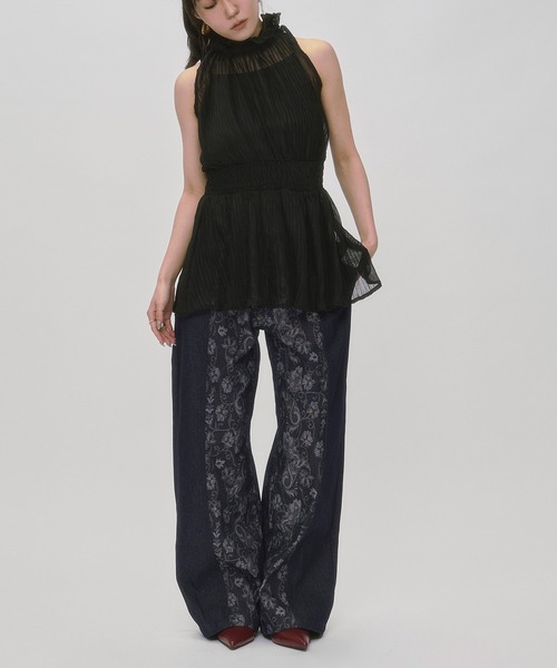 2wayシアートップス Ezick 「インナー付き」Flower neck 2wayフリルシアートップス