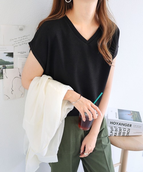andme tシャツ ニットソーフレンチスリーブVネックトップス