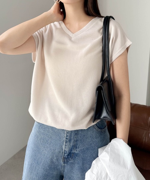 tシャツ Vネックフレンチスリーブトップス レディース カットソー Vネックフレンチスリーブ半袖カットソー Tシャツ